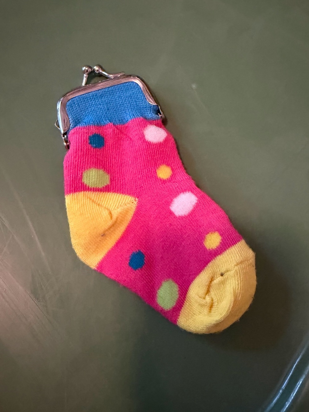 Polka Dot Pink Sock Coin Purse with Yellow Accents